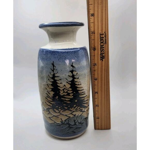 Bill Aitken Art Pottery Vase 7.5in Signed Blue Evergreen Pine Trees Stoneware - Picture 4 of 8
